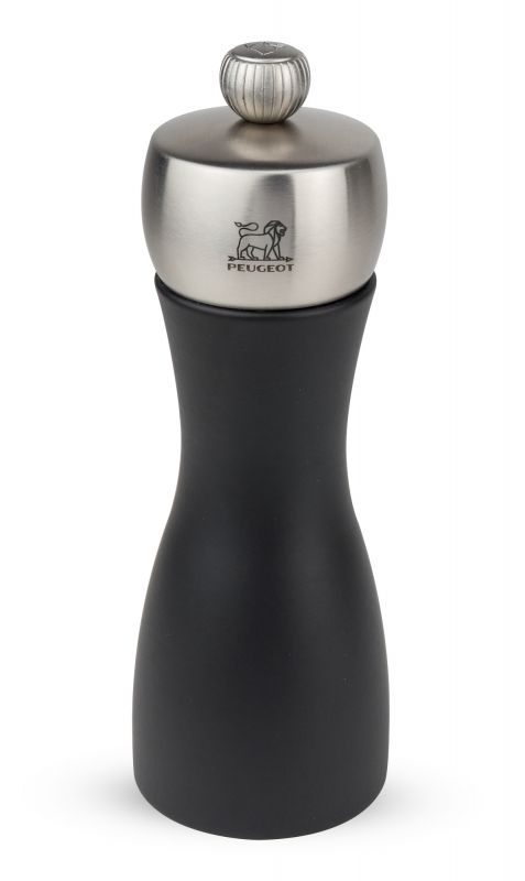 Peugeot Fidji Salzmühle, 20cm, aus schwarzem Holz mit silberfarbenem Kopf, Einzelstück.